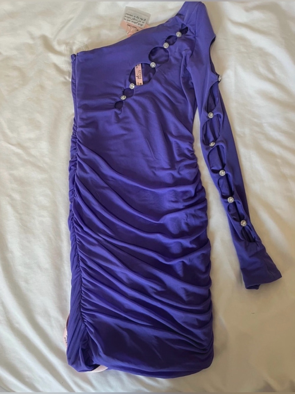 Oh Polly One-Shoulder Ruched Jewel-Embellished Purple Dress